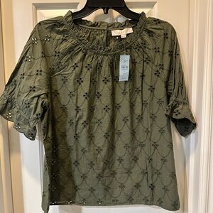 Olive green eyelet blouse LOFT